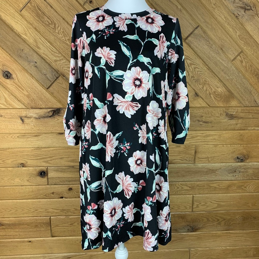 APT.9 Womens Size M Dress Tunic Loose Fit Floral Print Casual Black Multi